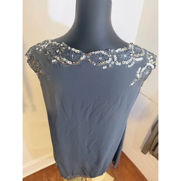 Twenty One Grey Beaded Sequin Shift Dress Sheer Overlay Cap Sleeve Small - Picture 5 of 8
